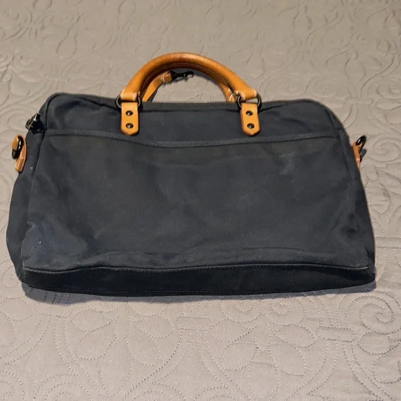 Ben Minkoff Navy Blue Waxed Canvas & Vachetta Leather Trim Laptop Bag EUC